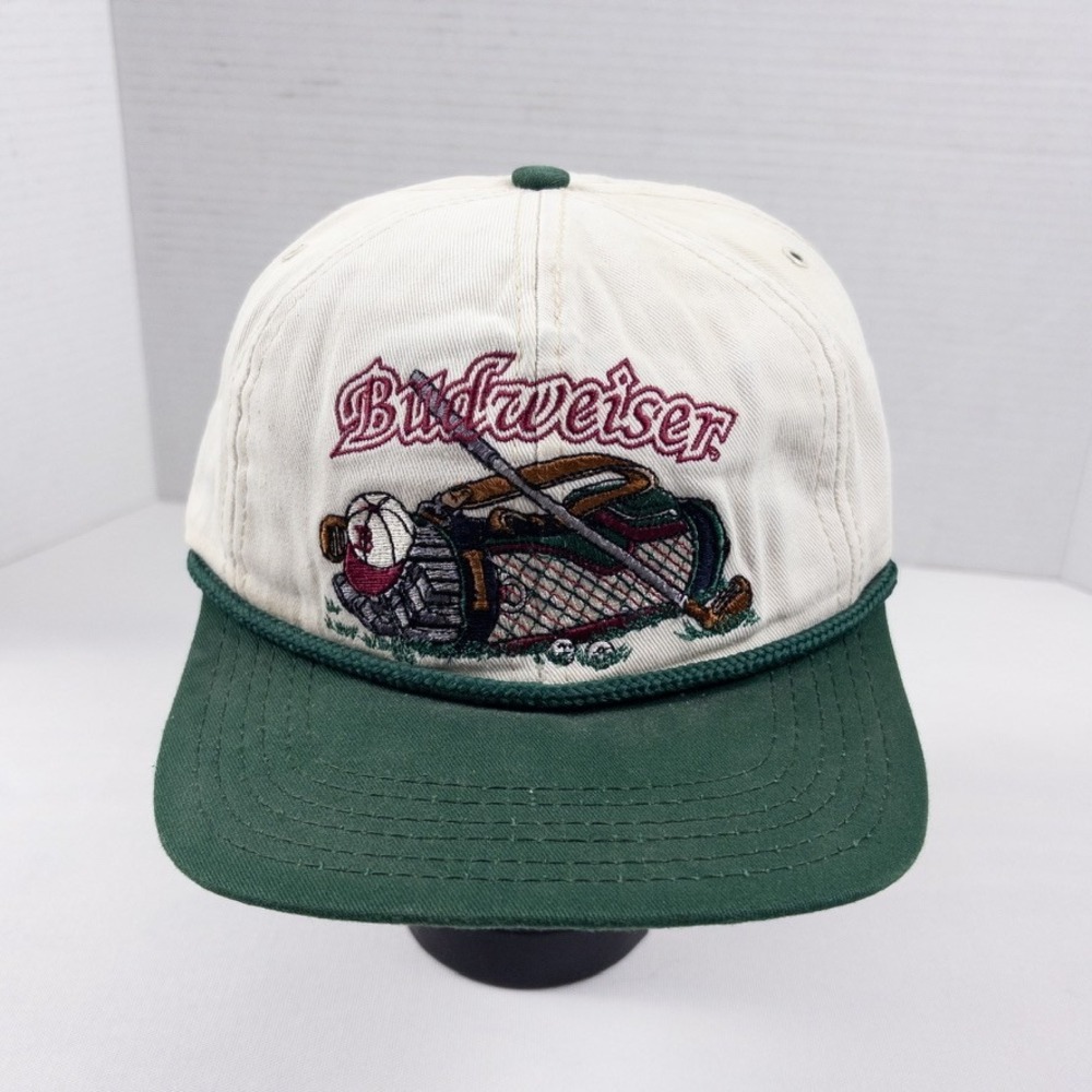 Vintage 90s Budweiser Golf Bag Snapback Hat Mens Cream Green Rope Cap USA Made